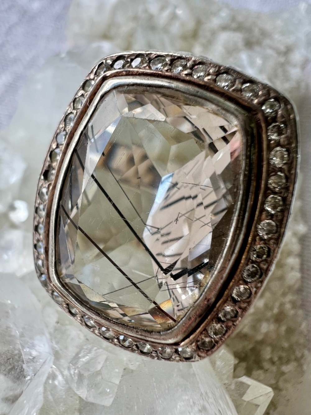 Vintage Cocktail Statement Ring Sterling Tourmalinated Quartz Ornate Floral Sz 7
